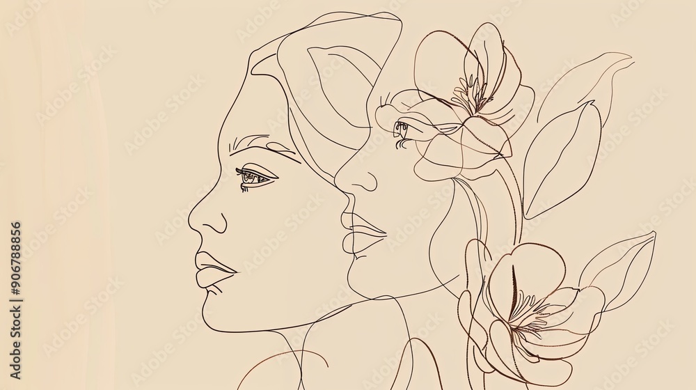 Women face in one line art style with flowers and leaves.Continuous line art in elegant style for prints, tattoos, posters, textile, cards etc. Beautiful woman face Vector illustration