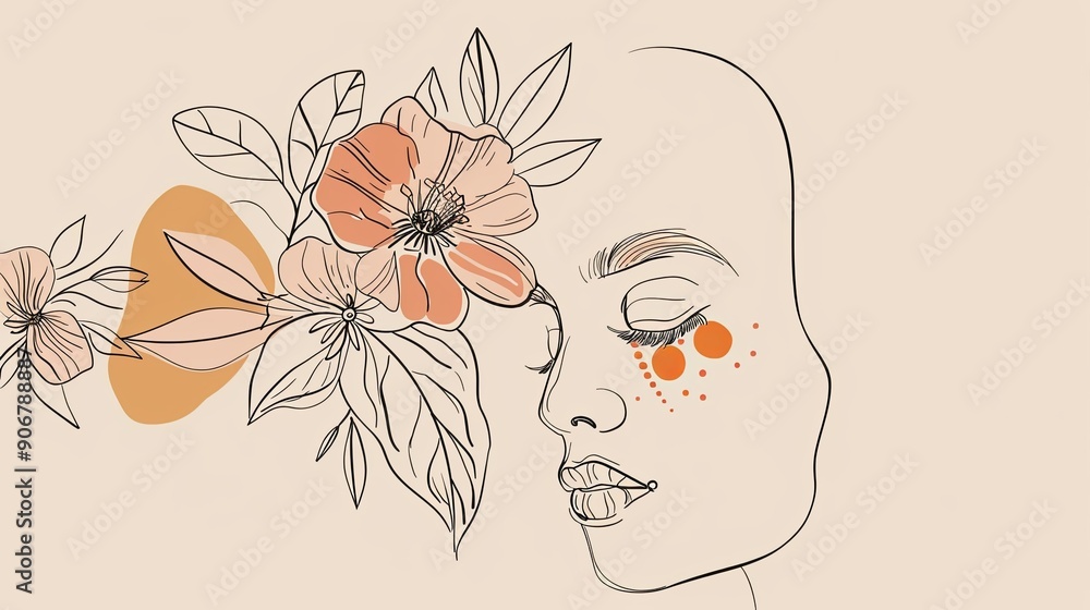 Women face in one line art style with flowers and leaves.Continuous line art in elegant style for prints, tattoos, posters, textile, cards etc. Beautiful woman face Vector illustration Women face in one line art style with flowers and leaves.Continuous line art in elegant style for prints, tattoos, posters, textile, cards etc. Beautiful woman face Vector illustration