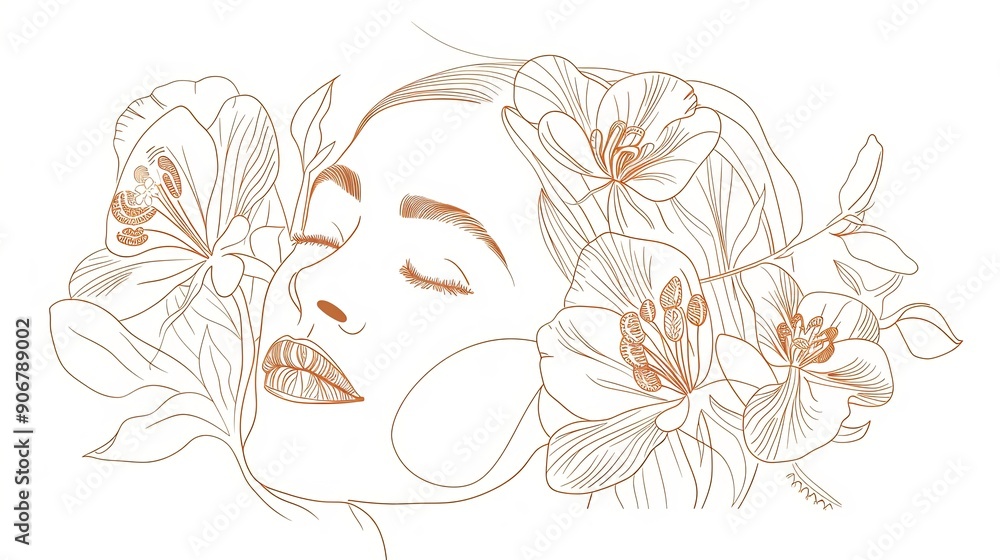 Women face in one line art style with flowers and leaves.Continuous line art in elegant style for prints, tattoos, posters, textile, cards etc. Beautiful woman face Vector illustration Women face in one line art style with flowers and leaves.Continuous line art in elegant style for prints, tattoos, posters, textile, cards etc. Beautiful woman face Vector illustration
