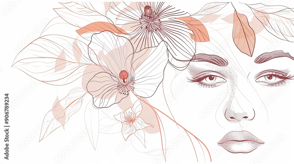 Women face in one line art style with flowers and leaves.Continuous line art in elegant style for prints, tattoos, posters, textile, cards etc. Beautiful woman face Vector illustration Women face in one line art style with flowers and leaves.Continuous line art in elegant style for prints, tattoos, posters, textile, cards etc. Beautiful woman face Vector illustration