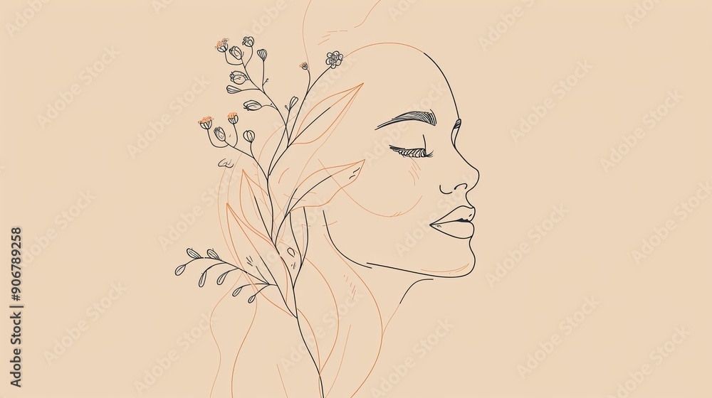 Women face in one line art style with flowers and leaves.Continuous line art in elegant style for prints, tattoos, posters, textile, cards etc. Beautiful woman face Vector illustration Women face in one line art style with flowers and leaves.Continuous line art in elegant style for prints, tattoos, posters, textile, cards etc. Beautiful woman face Vector illustration