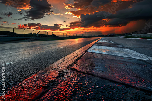 Scenic evening view of an asphalt international race track, illuminated under a dramatic sky, perfect for motorsport and speed-themed visuals