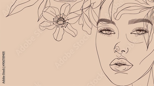 Women face in one line art style with flowers and leaves.Continuous line art in elegant style for prints, tattoos, posters, textile, cards etc. Beautiful woman face Vector illustration