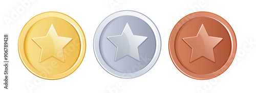 Game coins. Golden, silver and bronze metal coin or game chip with star, front view avers. 3d realistic vector isolated elements for online games, casino gambling prize.