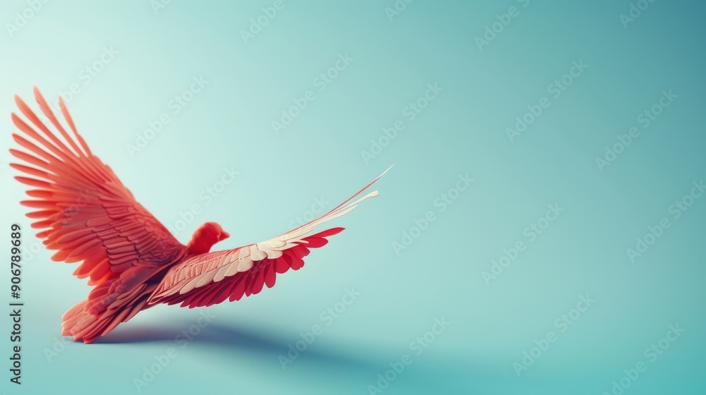 A red dove in flight against a soft blue background, representing peace and hope. The image has a minimalist aesthetic. A red dove in flight against a soft blue background, representing peace and hope. The image has a minimalist aesthetic.