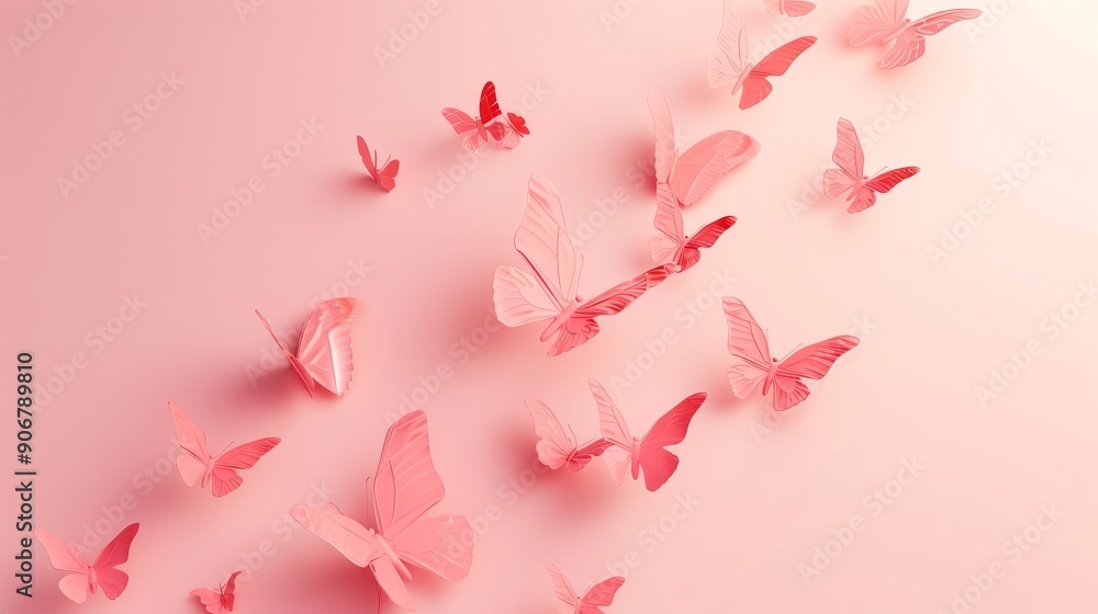 Pink paper butterflies flutter on a pastel pink background. A delicate and whimsical design. Pink paper butterflies flutter on a pastel pink background. A delicate and whimsical design.