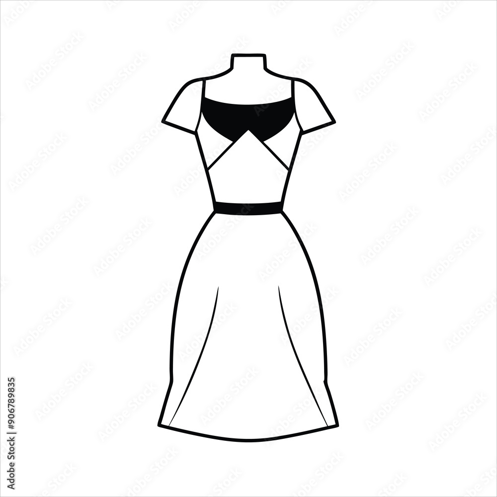 A stylish plain dress illustration line art vector A stylish plain dress illustration line art vector