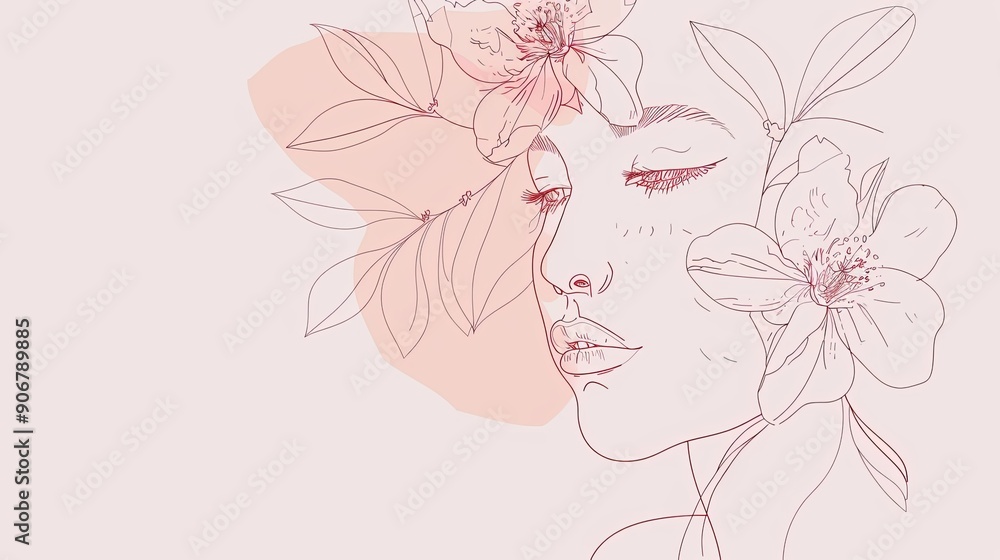 Women face in one line art style with flowers and leaves.Continuous line art in elegant style for prints, tattoos, posters, textile, cards etc. Beautiful woman face Vector illustration Women face in one line art style with flowers and leaves.Continuous line art in elegant style for prints, tattoos, posters, textile, cards etc. Beautiful woman face Vector illustration