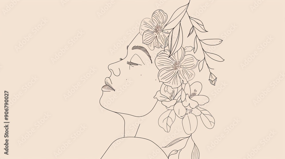 Women face in one line art style with flowers and leaves.Continuous line art in elegant style for prints, tattoos, posters, textile, cards etc. Beautiful woman face Vector illustration Women face in one line art style with flowers and leaves.Continuous line art in elegant style for prints, tattoos, posters, textile, cards etc. Beautiful woman face Vector illustration