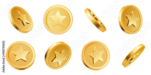 Golden coins 3D. Game gold coin, game chip with star shape turn around. Realistic vector isolated money elements for online gambling games, casino prize and investment concept.