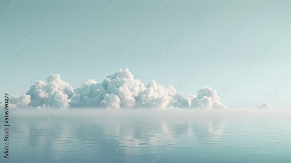 Fototapeta premium A serene landscape with fluffy white clouds reflected in a calm body of water. The sky is a soft blue, creating a peaceful and tranquil scene.