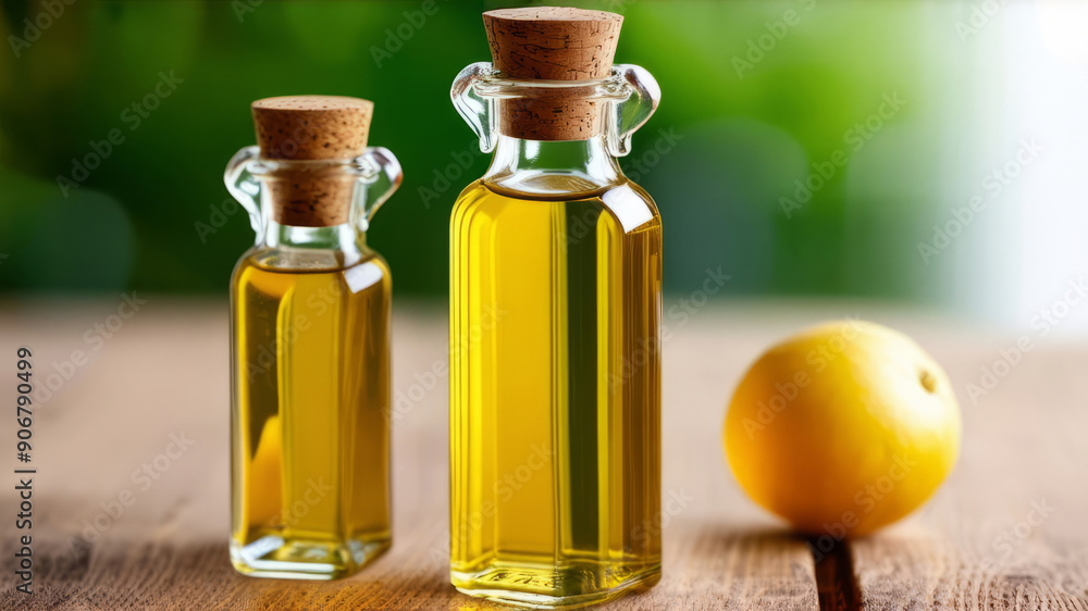 Two bottles of oil are on a wooden table, with a yellow lemon in the background. Two bottles of oil are on a wooden table, with a yellow lemon in the background.