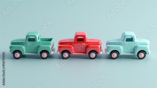 Three toy pickup trucks in different colors lined up on a light blue background. photo