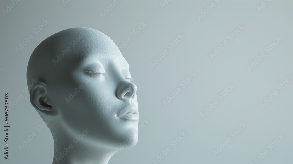 A close-up of a white mannequin head with closed eyes against a light blue background. A close-up of a white mannequin head with closed eyes against a light blue background.
