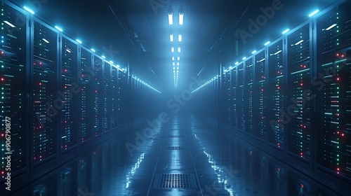 Wallpaper Mural Rows of illuminated server racks line a corridor in a data center, creating a futuristic atmosphere with vibrant blue lights. Torontodigital.ca