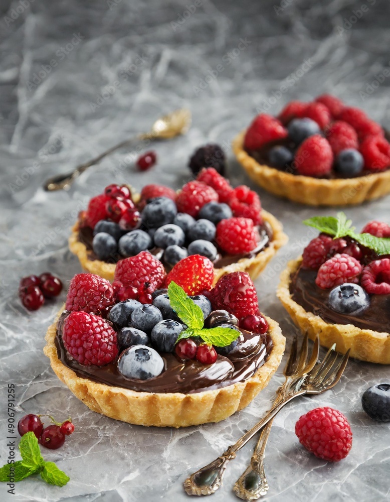 Chocolate tarts with fresh berries on gray marble background Chocolate tarts with fresh berries on gray marble background