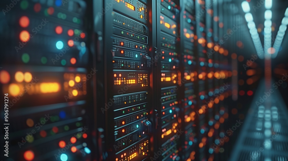 A data center showcases rows of illuminated servers with colorful LED lights, creating a vibrant environment during nighttime. A data center showcases rows of illuminated servers with colorful LED lights, creating a vibrant environment during nighttime.