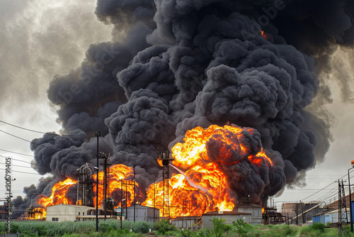 Massive fire and explosion at oil refinery with black smoke