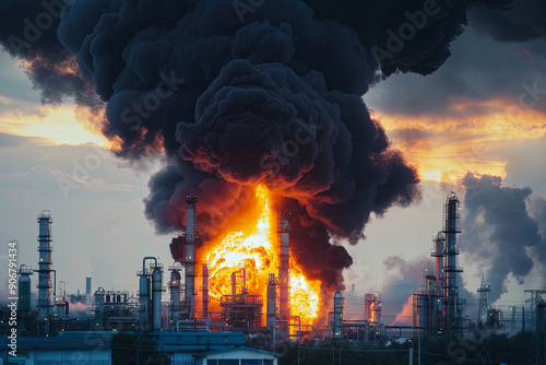 Massive fire and explosion at oil refinery with black smoke photo