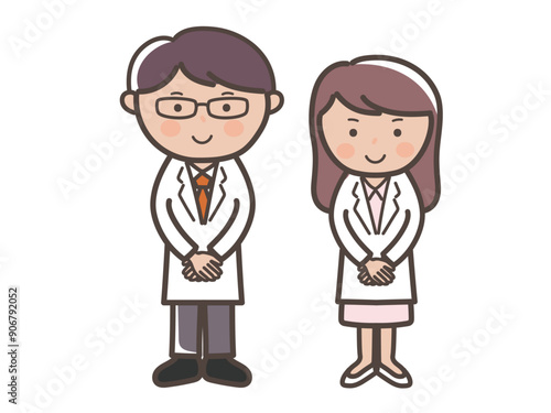 接客ポーズで出迎える男女医師（看護師）の全身イラスト