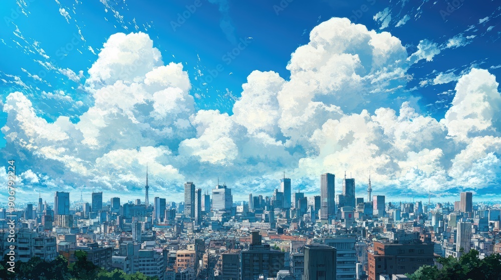 Obraz premium Expansive sky with fluffy clouds over a cityscape, captured in vibrant anime style with dynamic lighting