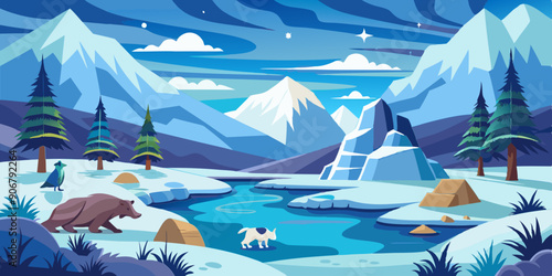 tundra scene, vector illustration, arctic landscape, minimalist design, snow-covered terrain, frozen wilderness, icy plains, cold environment, sparse vegetation, low shrubs, permafrost, snowdrifts, fl