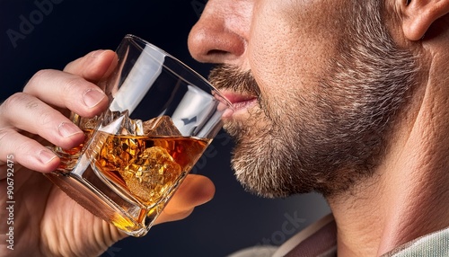 Closeup of a man drinking whiskey. Side view and closeup. Black background.
