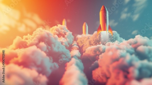 A majestic fleet of rockets ascend through fluffy clouds, bathed in a golden sunrise.