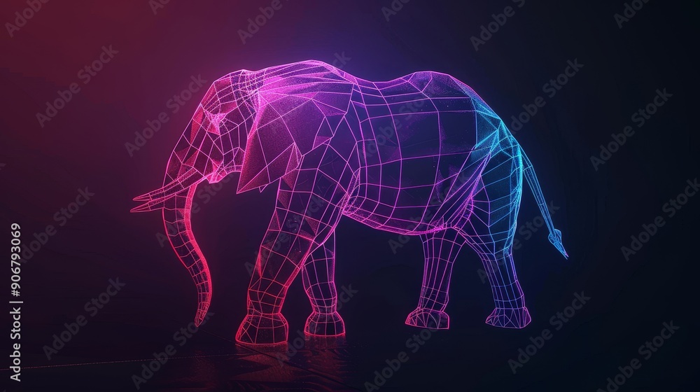 Abstract digital art of an elephant with neon pink and blue lights. Abstract digital art of an elephant with neon pink and blue lights.