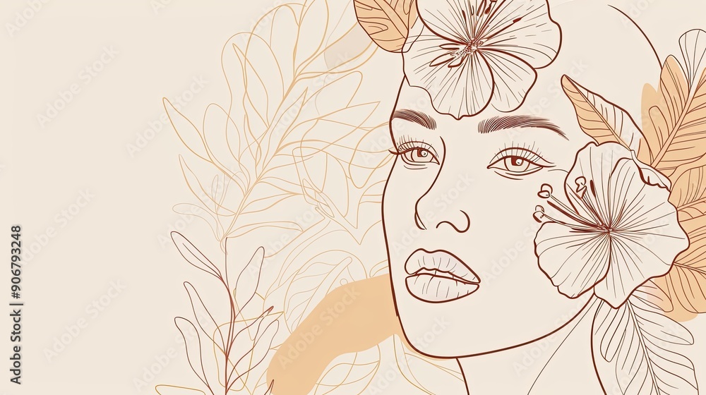 Women face in one line art style with flowers and leaves.Continuous line art in elegant style for prints, tattoos, posters, textile, cards etc. Beautiful woman face Vector illustration Women face in one line art style with flowers and leaves.Continuous line art in elegant style for prints, tattoos, posters, textile, cards etc. Beautiful woman face Vector illustration