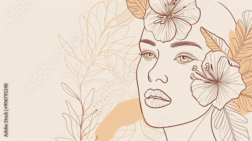 Women face in one line art style with flowers and leaves.Continuous line art in elegant style for prints, tattoos, posters, textile, cards etc. Beautiful woman face Vector illustration