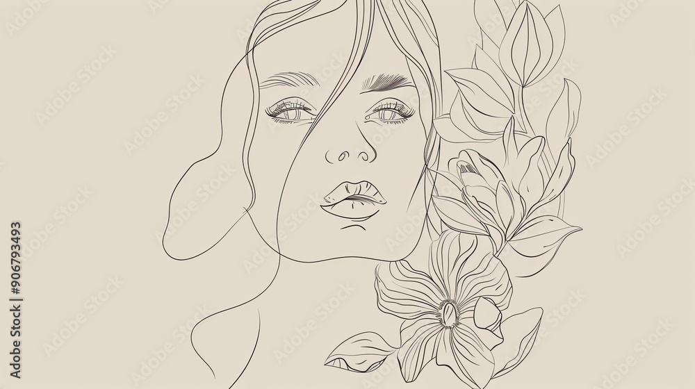 Women face in one line art style with flowers and leaves.Continuous line art in elegant style for prints, tattoos, posters, textile, cards etc. Beautiful woman face Vector illustration Women face in one line art style with flowers and leaves.Continuous line art in elegant style for prints, tattoos, posters, textile, cards etc. Beautiful woman face Vector illustration