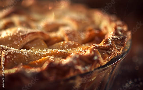 A pie with a sugar topping sits on a table