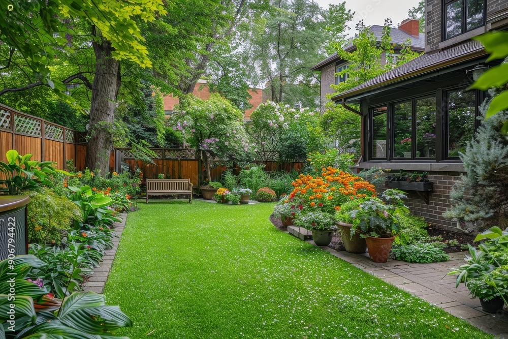 Naklejka premium Manicured backyard garden with green grass, flowers, and trees, Montreal home with wooden fence and seating area, small bench with potted plants and flower beds, lush foliage, vibrant colors