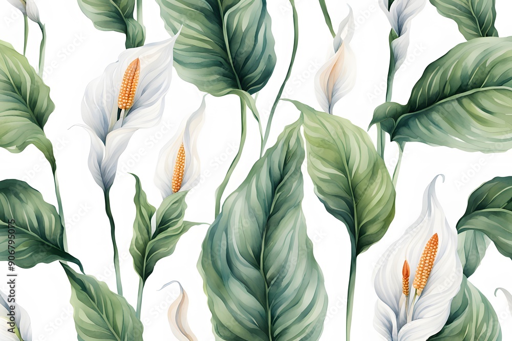Watercolor peace lily flowers white background, AI Generated Watercolor peace lily flowers white background, AI Generated