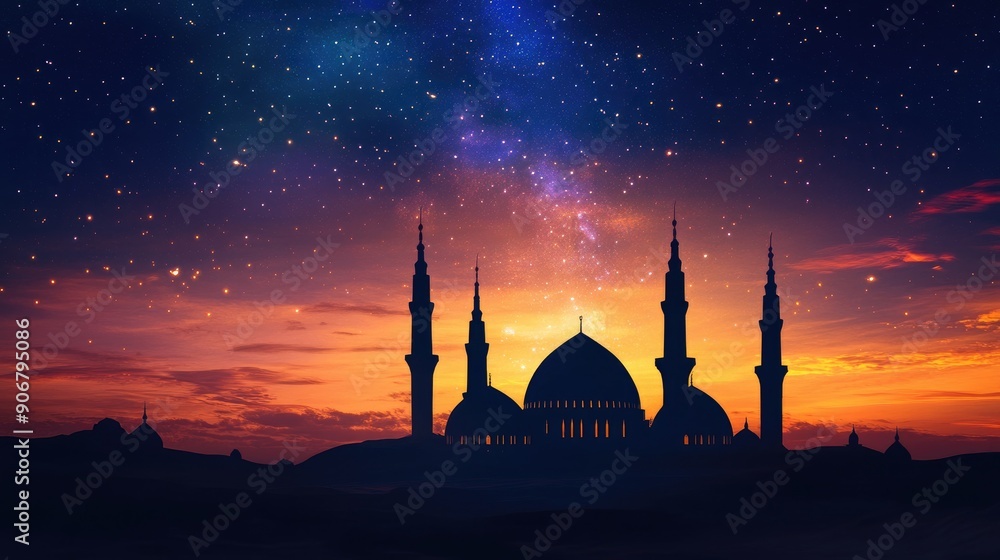 Islamic holy night with mosque silhouettes under a starry sky ...