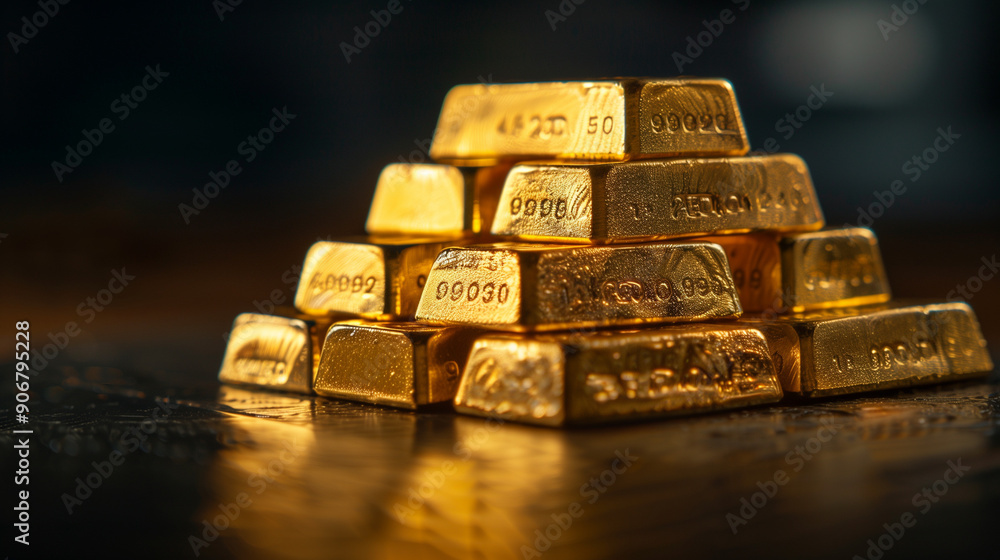 Several gold bars stacked on a black table and a black background. Several gold bars stacked on a black table and a black background.