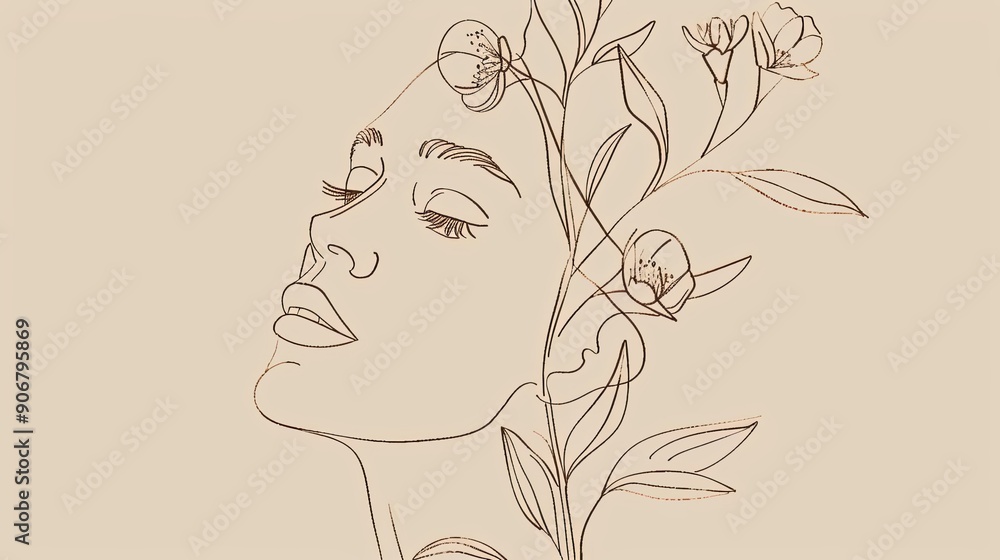 Women face in one line art style with flowers and leaves.Continuous line art in elegant style for prints, tattoos, posters, textile, cards etc. Beautiful woman face Vector illustration Women face in one line art style with flowers and leaves.Continuous line art in elegant style for prints, tattoos, posters, textile, cards etc. Beautiful woman face Vector illustration