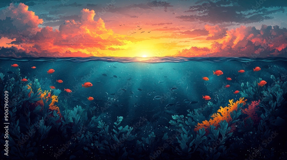 Fototapeta premium Underwater Sunset with Coral Reef and Fish