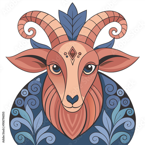 Stylized Illustration of a Goat with Curled Horns and Floral Designs
