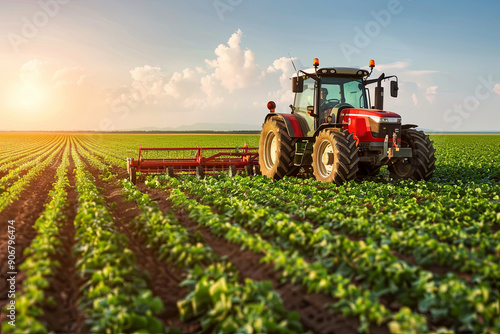 Red tractor plowing a vast green field