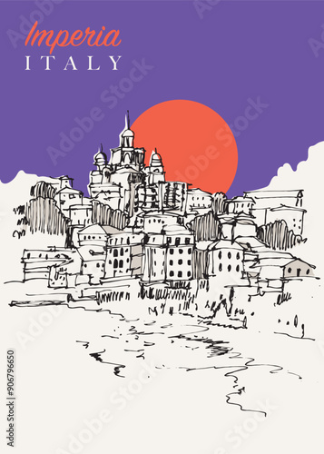 Drawing sketch illustration of Imperia in Liguria region of Italy
