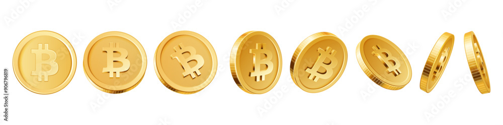 Golden bitcoin rotating coin. Virtual money cryptocurrency different side set realistic vector illustration. Financial assets electronic payment growth of income mining and investment global currency. Golden bitcoin rotating coin. Virtual money cryptocurrency different side set realistic vector illustration. Financial assets electronic payment growth of income mining and investment global currency.