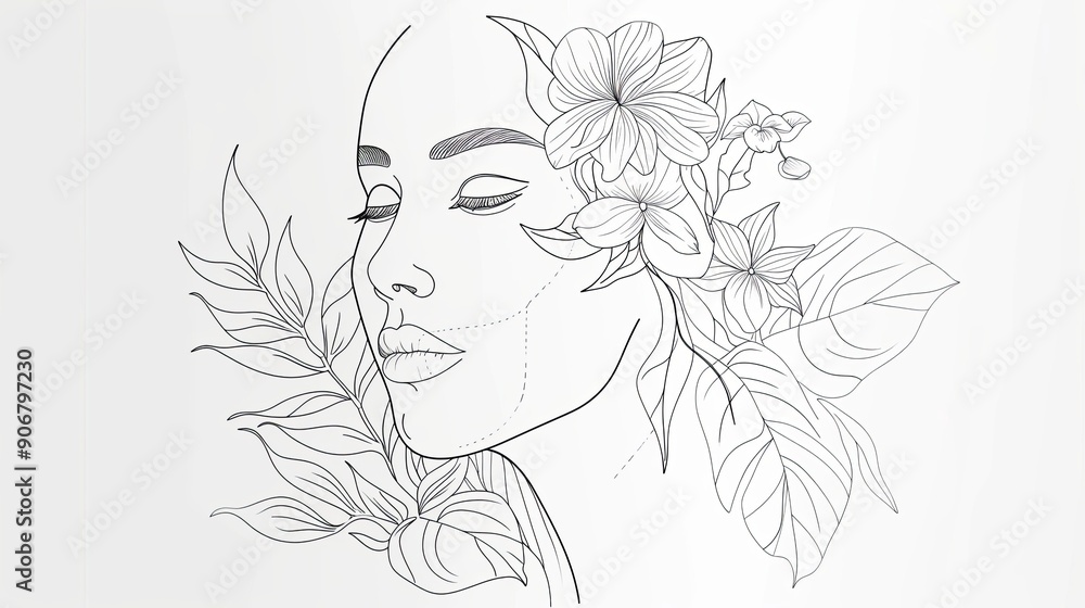 Women face in one line art style with flowers and leaves.Continuous line art in elegant style for prints, tattoos, posters, textile, cards etc. Beautiful woman face Vector illustration Women face in one line art style with flowers and leaves.Continuous line art in elegant style for prints, tattoos, posters, textile, cards etc. Beautiful woman face Vector illustration