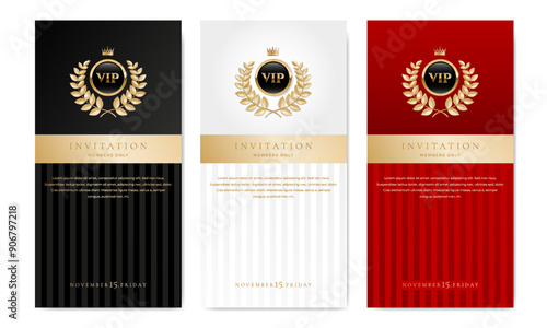 VIP invitation card, banner or flyer with golden elements on black, white and red background. Luxury premium design set for event invite, celebration party, formal reception.