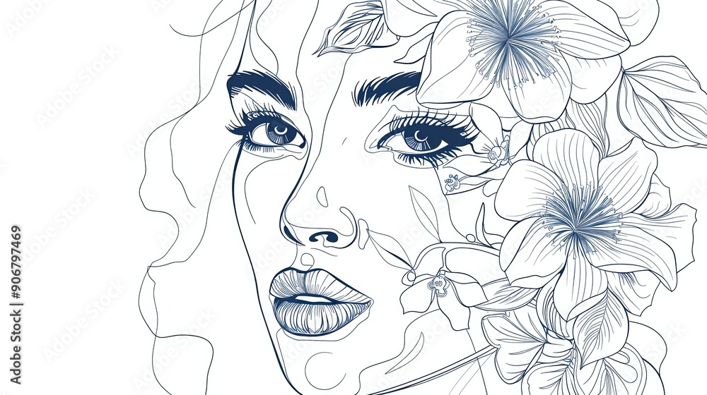 Women face in one line art style with flowers and leaves.Continuous line art in elegant style for prints, tattoos, posters, textile, cards etc. Beautiful woman face Vector illustration Women face in one line art style with flowers and leaves.Continuous line art in elegant style for prints, tattoos, posters, textile, cards etc. Beautiful woman face Vector illustration