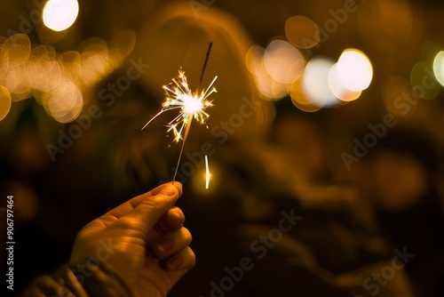 photography shot, Festive winter celebration hand holding sparkler amidst smiling faces in blurred background.
