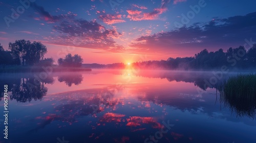 Serene Sunset Reflection on Tranquil Lake in the Countryside