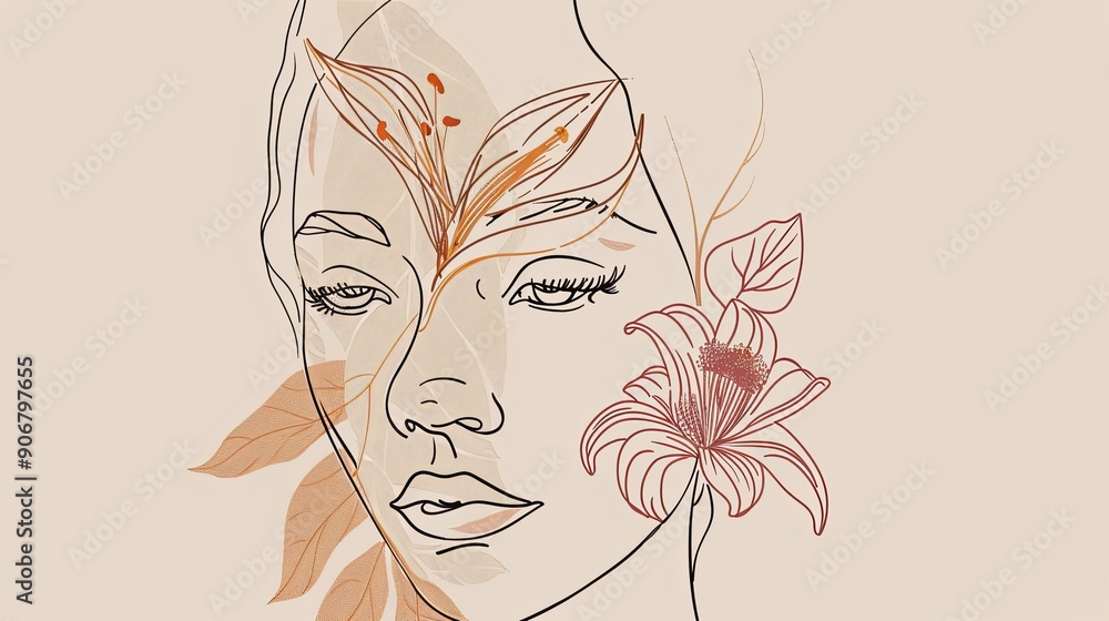 Women face in one line art style with flowers and leaves.Continuous line art in elegant style for prints, tattoos, posters, textile, cards etc. Beautiful woman face Vector illustration Women face in one line art style with flowers and leaves.Continuous line art in elegant style for prints, tattoos, posters, textile, cards etc. Beautiful woman face Vector illustration