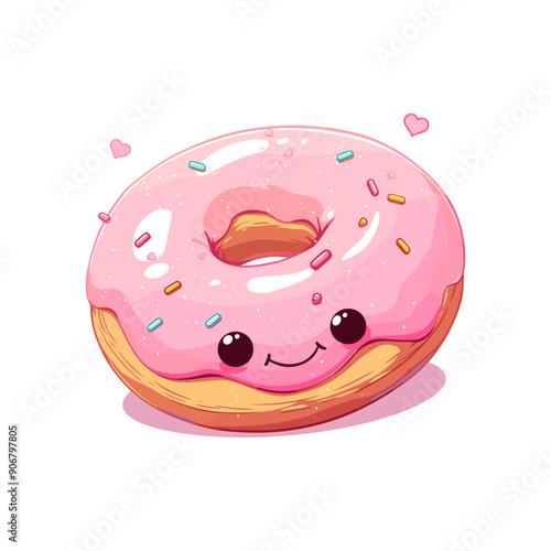 Pink Donut Donut Clipart with sprinkles isolated on a white background. Cute, colorful and glossy donut with glaze and powder. Kawaii vector illustration. Design element for poster,card, banner..